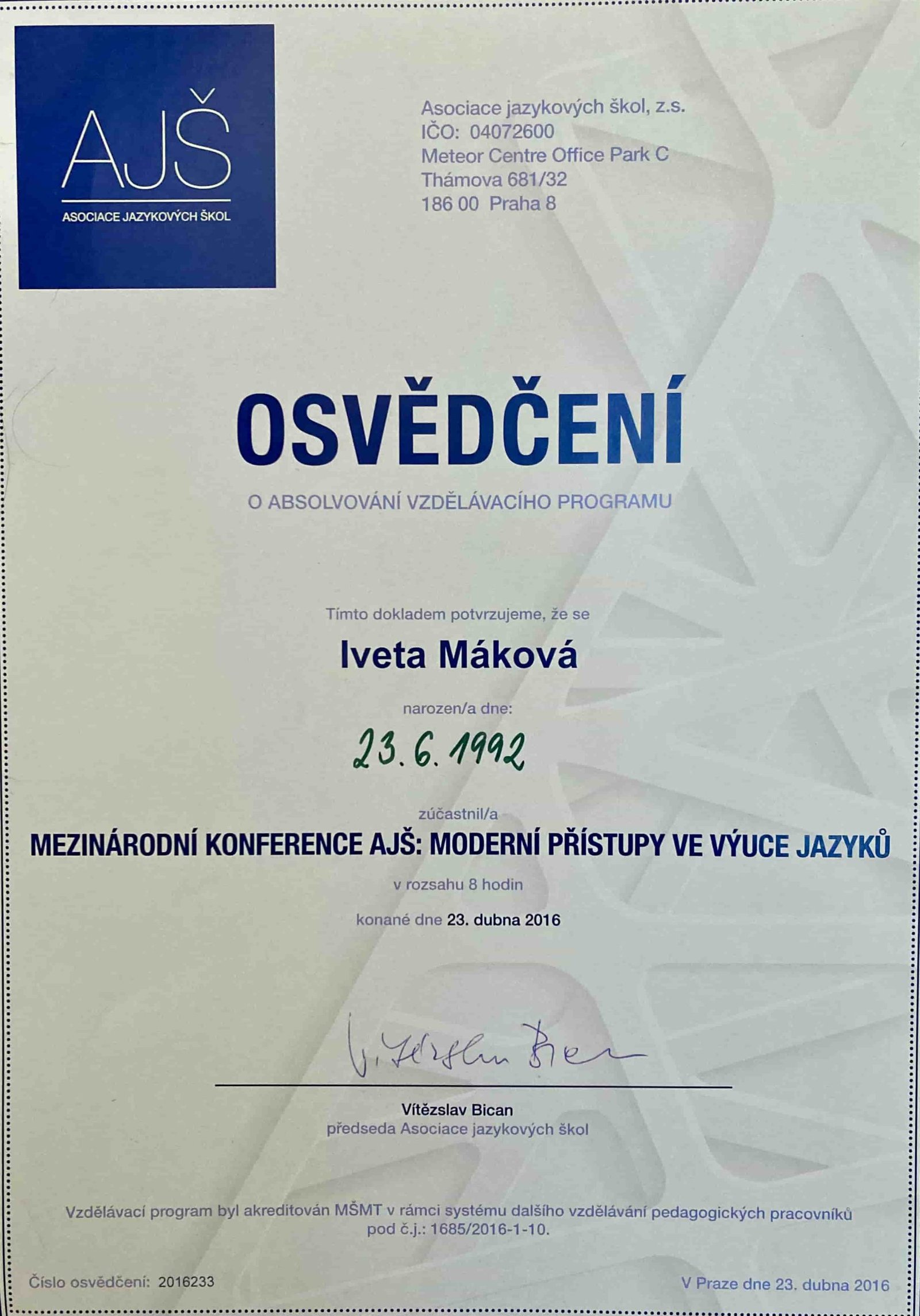 Osvědčení: Moderní přístupy ve výuce jazyků - Iveta Máková